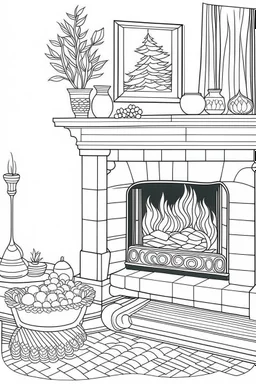 Cozy fireplace scene with stockings hung, clean line art, well outlined, white background, for kids coloring book.