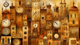 A tan city with clocks painted by Jeffrey Kolker