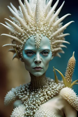 a close up of a statue of an alien, soft makeup, in a spiky tribal style, pearlized, older woman, hydropunk, full-cosplay, pollen, bioluminescense, still image from the movie, by Anne Geddes, 2003, the non-binary deity of spring, female investigator, shot with Sony Alpha a9 Il and Sony FE 200-600mm f/5.6-6.3 G OSS lens, natural light, hyper realistic photograph, ultra detailed