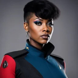 Beautiful young black woman, with short punk hair, in Star Trek uniform