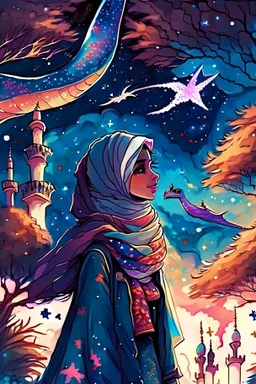 Muslim girl wearing a scarf with a dragon. trees . A sky colored with stars and planets. . And mosques.