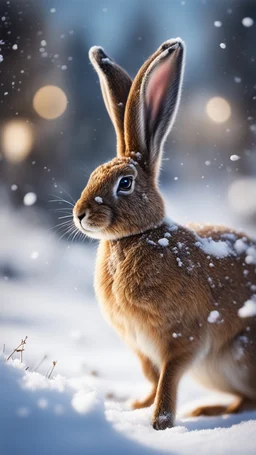 hare in the snow, magazine cover illustration with oil paint and spray paint, signed, bokeh like f/0.8, tilt-shift lens 8k, high detail, smooth render, down-light, unreal engine, prize winning