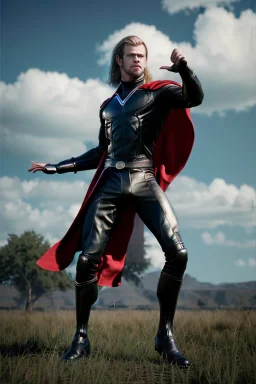 retro portrait image from 1960, sky background, wind, long blonde hair, fighting stance, young Chris Hemsworth, black dress, classic long tight lycra black suit, red cape, gold bracelet and belt, high boots, soft color, highly detailed, unreal engine 5, ray tracing, RTX, lumen lighting, ultra detail, volumetric lighting, 3d, finely drawn, high definition, high resolution.