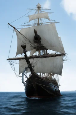 front view of a wooden ship with a spider figurehead