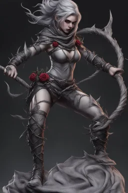 female gray skin, Shadar-Kai wielding a Whip made out of black thorns, clothes with a dark rose theme