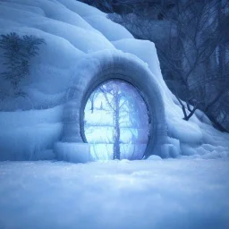 ethereal winter flowers, carved ice door at the end of ice steps, magical atmosphere, Beardsley, Unreal render, cinematic blue