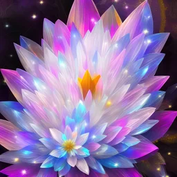 one big crystal subtle flower in a galactic ambiance with a beautiful fairy, transparent petals,