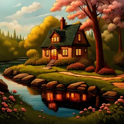 a painting of a house next to a body of water, cottage in the forest, idyllic cottage, cottage in the woods, cottagecore!!, solitary cottage in the woods, beautiful detailed scene, beatiful house, cottagecore, little cottage, house in forest, beautiful house on a forest path, spring evening, flowery cottage