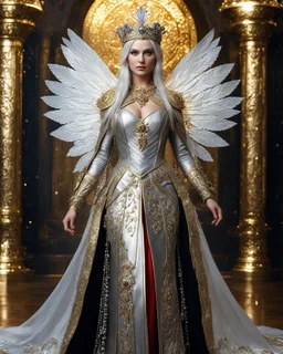 Realistic photography,front view, Beautiful Queen Russian Byzantine fairy super model Byzantine Woman, silver hair,dressing luxury party gown,looking at viewer,traditional dress ornaments Luxury gown Byzantine traditional, intricate armor, delicate golden shine bright, black metalic parts, detailed part, jewelry diamonds,dynamic pose,abstrac background, dynamic lighting, red hour, full body portrait