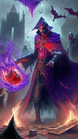 warlock in the centre casting magic, blood being sucked, medieval battlefield in the background