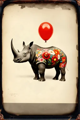 Rhinoceros avec fleurs peintes, sur un balon roufe,, tintype