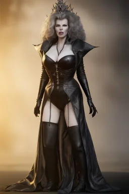 Kim Basinger as evil queen in black leather, busty, cleavage, curvy, angry, stern look. character design by cory loftis, fenghua zhong, ryohei hase, ismail inceoglu and ruan jia. unreal engine 5, artistic lighting, highly detailed, photorealistic, fantasy