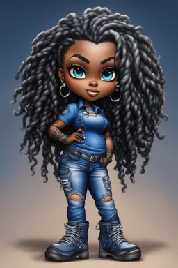 create an airbrush illustration of a chibi cartoon voluptuous black female wearing a blue jean outfit with biker boots. Prominent make up with hazel eyes. Extremely highly detail of a twisted dreadlocks. Background of a bike show.