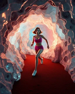 make a picture pretty crystal CIFI cave made of and jwells, 3d fractal recursive cubic and sphere base crystals and a beautiful fashion model lady with cute,bob hair,makeup, in pretty sports suit is running inside cave ,dynamic camera fallow her inside cave capturing full body, dynamic lights.