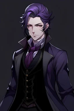 crea un personaje de anime masculino, con pelo violeta oscuro, vestimenta elegante y oscura de la epoca victoriana y que su rostro sea serio. hacelo de cuerpo entero