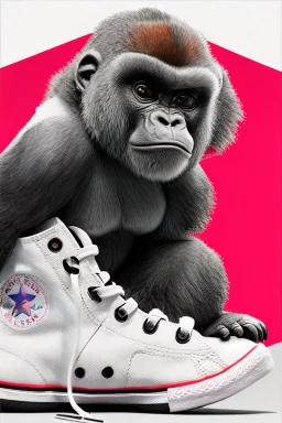 a profile picture of a small gorilla sitting in a purple Converse sneaker, like it's a car, comic style