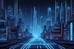 background, parallax, front view, blue 7virtual city Tron like, asset video game, pixel art