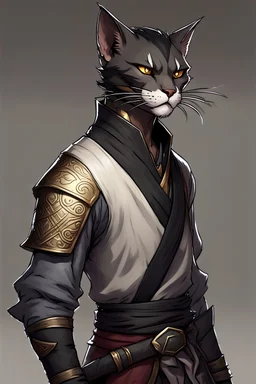 Dnd Fighter Tabaxi Mid-20s, youthful yet experienced. Hair: Slick black hair, neatly combed back, giving him a polished and noble appearance. Face: Sharp features with a strong jawline, piercing eyes, and a small scar across his left cheek, hinting at past battles.