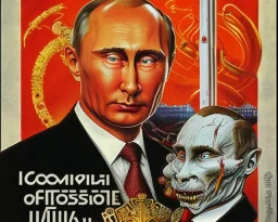 Russia president satan Vladimir Putin, evil fangs, blood and Moscow in fire atomic bomb cudgel