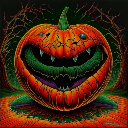 hallucinatory jack-o-lantern, neo surrealism, by Gerald Scarfe, by Igor Morski, fantastical detailed 3D artwork, trippy, deep color, complementary colors, trending on DeviantArt.