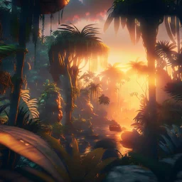 fantasy jungle at sunset, photorealistic, unreal engine 5, masterpiece, trending on artstation, sharp focus