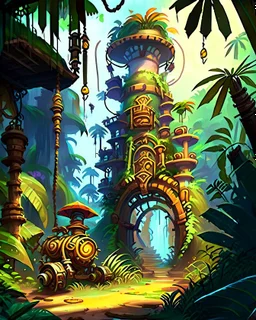 adventure jungle dungeon with steampunk machines tower in jungle painterly rpg art