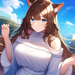 Clear focus, High resolution, Long fluffy brown hair, blue eyes, wearing a white skirt, detailed outfit, wearing a jacket oversized off shoulder, rough line, hair above ears, dog ears, off shoulder white shirt, chopped bangs