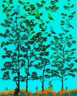 Teal treetops with singing songbirds painted by Andy Warhol