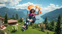 very beautiful lady with beautiful sports pant and top and sports shoes with curvy hair with a parachute flying in a nice villa yard with trees flowers ,in country side in floor of beautiful mountains ,sea with ships ,water falls ,looking at camera