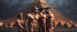 Hyper realistic shirtless muscular male pharaohs hugging & a pyramid behind at rainy night