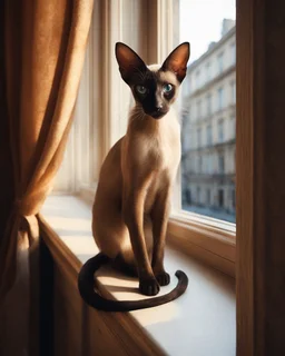sleek Oriental Shorthair Siamese with rich chocolate point markings, its slender body poised elegantly on the narrow windowsill of an old, ornate apartment. The late afternoon sun casts golden streaks through the slightly parted curtains, illuminating the cat's almond-shaped, sapphire-blue eyes as it gazes intently at the bustling street below. Its large, bat-like ears twitch at distant sounds, while the delicate curve of its whip-like tail drapes over the edge of the sill. The window frame, wea