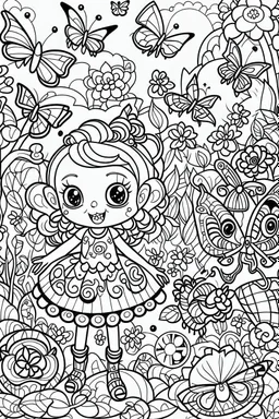 coloring pages for kids, Texto " Lisbeth Del Valle " en alta definición, caracterizado al estilo de Cute hello kitty, halloween y flores, ilustración, mariposas,renderizado 3d, vibrante, 3d render, typography, fantasy art , cartoon style, thick lines, low detail, black and white, no shading, --ar 85:110