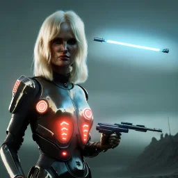 Ultra Realistic retro sci-fi movie war scene, waist up view portrait, blonde woman pointing a gun, sweet young Daryl Hannah face, perfect iris, glow eyes, makeup, weapon. War background, Retro sci-fi style, helmet, tight latex coat, fog, rain, soft color, highly detailed, unreal engine 5, ray tracing, RTX, lumen lighting, ultra detail, volumetric lighting, 3d, finely drawn, high definition, high resolution.