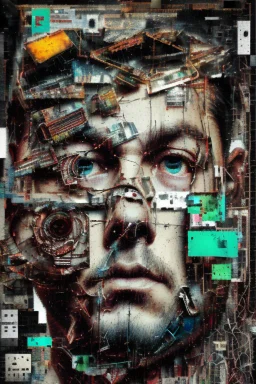 Ultra detailed surrealism medium portrait painting of a man, sitting bended over on a chair, looking down with hands in his hair, giving up, broken, dark and abstract background,torn up collage of clippings, broken circuitry background, matrix effects, punk visual art, punk art aesthetic, graffiti art, pop surrealism, collage art, cluttered paint glitches