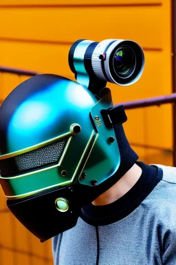 Metallic Cyber-punk style camera-mask. Helmet with camera. Large fencing mask covers cheeks. Trim girls. Reflective plastic body surface. Camera lenses as eyes. Head full of integrated old-fashioned cameras. Golden to cyan surfaces body. Perfect body, thick thighs and calves. Selfie, Selfies, old-fashioned cameras, mirror. Wide hip. Partly symmetrical. Camera lenses cover the most of the body. Euclidean 3D-tiling, Escher. Mathematically impossible camera-tiling. Soviet propaganda. 1990's