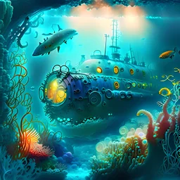 highly detailed, an image of a submarine underwater, vibrant sea life, foggy view, light effects around submarine, corals, octopus