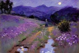 Night, purple flowers, pathway, mountains, rocks, little puddle, theodore robinson impressionism painting