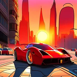 vampire city street morning sun is rising and starting to appear above sky scrapers cartoon, street tarmac is one whole piece and a red ferrari with exact detail as enzo ferrari is on the street