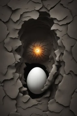 a haunting image of an embryonic human emerging from a cracked egg