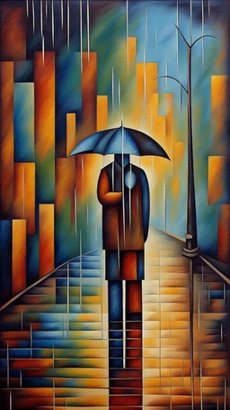 I stand here with the loneliness you left me with crying in rain . Cubism style painting.