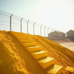 Photograph, wasteland, noon-light, huge fence in the background, bright, brutalist steps, yellow, daylight, details of the powder very accentuated, high contrasts, fence, powder, aluminum, row of houses