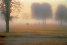 grey morning. the sun rises from its ashes. autumn mists cover the fields. trees, Autochrome style