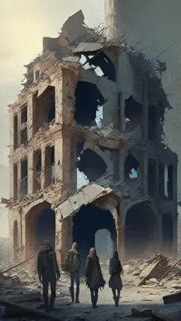 ruined buildings with people