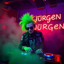 A DJ performing at dance club, his name DJ JüRGEN and looks crazy, crazy green hair with crazy outfit. Neon lights and smog, DJ JüRGEN SIGN ON WALL, ,JüRGEN, JüRGEN