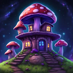 vibrant violet and indigo mushroom house on dirt pillar grassy top outer space. stars, grass, mushroom house, dirt pillar. Detailed gloss Painting, rich color, fantastical, intricate detail, splash screen, hyperdetailed, insane depth, concept art, 8k resolution, trending on artstation