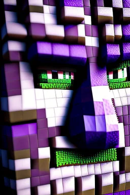 a close-up portrait of a purple Minecraft face, crazy,3d, large pixel style