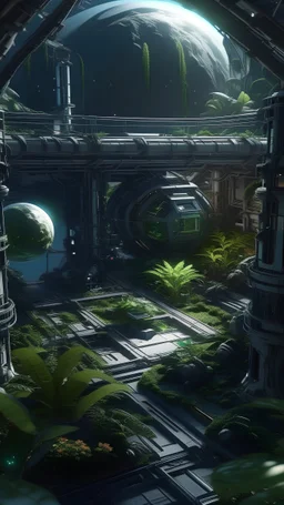 sci fi planet, space station, plants