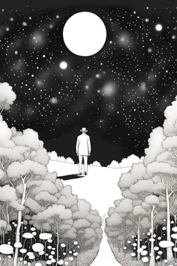 Peaceful, Jean Giraud, man floating, night sky filled with galaxies and stars, trees, flowers, black ink, one-line drawing, sharp focus, 8k, 3d
