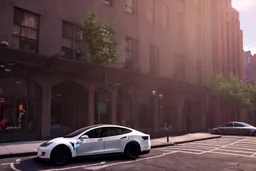 A Tesla 'Model Y' is parked, near the building of the 'Friends' series in New York. (CINEMATIC, WIDE ANGLE LENS, PHOTO REAL)