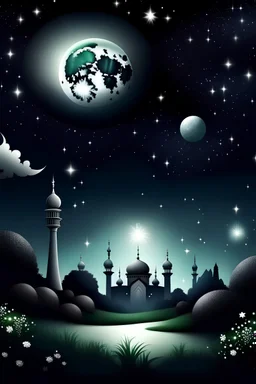 imagine a nigh view with stars, moon, tree, mosque realistic view